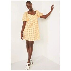 New PETITE LG Old Navy Puff Slve Seersucker Gingham All Day Mini Dress POCKETS!